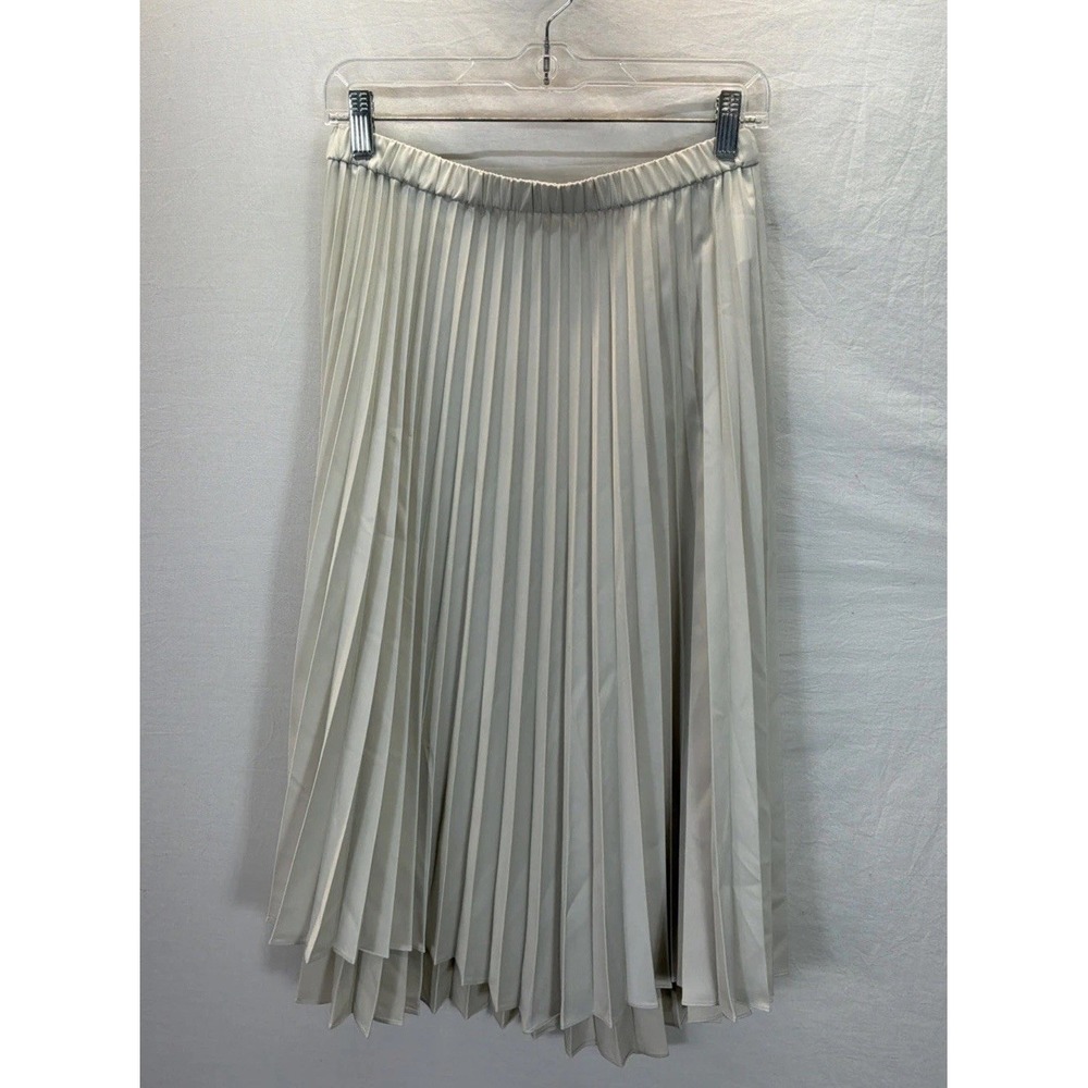Uniqlo Skirt Womens M Gray Pleated Midi Elastic Waist Satin Work Office